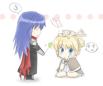 1boy 1girl animal animal_on_head assassin_cross_(ragnarok_online) black_shirt blonde_hair blue_hair blush brown_cape cape cat cat_on_head cat_teaser celestial_s chibi chibi_only commentary_request double_bun eremes_guile full_body fur-trimmed_cape fur_trim hair_bun high_wizard_(ragnarok_online) kathryne_keyron long_hair looking_at_another lowres on_head open_mouth ragnarok_online red_scarf scarf shirt short_hair simple_background sitting standing white_background white_cat