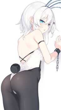 1girl against_wall animal_ear_hairband animal_ears ass back backless_leotard black_pantyhose blue_eyes chain commentary_request fake_animal_ears fake_tail from_behind hair_ornament hairband hairclip highres leaning_forward leotard long_hair looking_at_viewer looking_back open_mouth original otokuyou paid_reward_available pantyhose parallel_hairclips playboy_bunny rabbit_ear_hairband rabbit_ears rabbit_tail ringo-chan_(otokuyou) simple_background solo tail white_background white_hair white_leotard