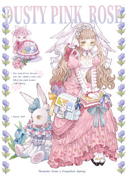 1girl absurdres baiguiyu basket blue_flower bow brown_hair commentary dress flower frills gloves head_wings head_wreath highres lace_trim long_hair long_sleeves original pink_dress pink_flower pink_rose purple_flower rabbit rose stuffed_animal stuffed_toy symbol-only_commentary tulip white_bow white_gloves wings yellow_eyes
