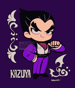 Rule 34 | 1boy, ascot, black eyes, black hair, character name, chibi, chibi only, closed mouth, commentary, dot nose, full body, highres, jacket, kotomaru (kotokoto kottan), long sleeves, looking at viewer, male focus, mishima kazuya, pants, purple background, purple jacket, purple pants, red ascot, short hair, sideburns, simple background, smile, solo, standing, tekken, thick eyebrows, vest, white vest