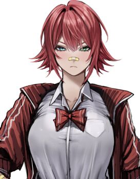 1girl aqua_eyes bandaid bandaid_on_arm bandaid_on_face bandaid_on_finger bandaid_on_hand bandaid_on_nose black_skirt blush bow bowtie breasts closed_mouth collarbone collared_shirt commentary frown green_eyes hair_between_eyes heterochromia highres jacket large_breasts long_sleeves looking_at_viewer original red_bow red_bowtie red_hair red_jacket shirt short_hair simple_background skirt solo symbol-only_commentary tomboy ulularts upper_body white_background