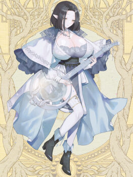 1girl bad_anatomy black_hair black_shoes breasts brown_eyes cleavage clona dairoku_ryouhei dress elesra_castor full_body grey_dress highres holding holding_instrument instrument jewelry large_breasts light_smile long_sleeves medium_hair necklace pale_skin pointy_ears puffy_long_sleeves puffy_sleeves shoes solo thighhighs white_thighhighs yellow_background
