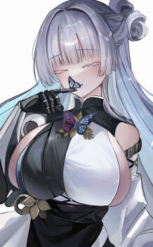 1girl absurdres breasts bug butterfly closed_eyes colored_eyelashes commentary goddess_of_victory:_nikke hexane92 highres insect large_breasts mechanical_arms mechanical_hands mole mole_on_breast monk nayuta_(nikke) sideboob single_mechanical_arm single_mechanical_hand solo thick_eyelashes upper_body white_background white_eyelashes