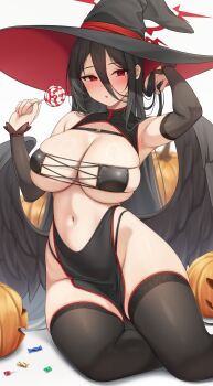 1girl :o absurdres adjusting_hair bikini black_hair black_thighhighs black_wings blue_archive blush breasts candy cleavage detached_sleeves eyepatch_bikini food halloween_costume halo hasumi_(blue_archive) hat hayasi_iru highres holding holding_candy holding_food holding_lollipop large_breasts lollipop mole mole_under_eye oversized_wings pelvic_curtain pumpkin red_eyes red_halo sitting skindentation solo swimsuit thighhighs thighs wings witch_hat