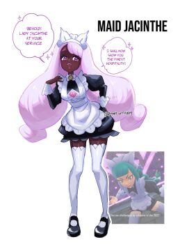 2girls apron black_romper blush braid braided_ponytail breasts cosplay dark-skinned_female dark_skin english_text game_screenshot_inset green_hair highres jacinthe_(pokemon) lebanne_(pokemon) lebanne_(pokemon)_(cosplay) long_hair long_sleeves looking_at_viewer maid maid_apron maid_headdress medium_breasts multiple_girls nintendo open_mouth pokemon pokemon_legends:_z-a puffy_sleeves purple_eyes purple_hair rhymewithray romper smile speech_bubble thighhighs very_dark_skin white_thighhighs