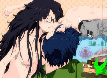 Rule 34 | 2girls, black hair, blue hair, blush, breasts, closed eyes, glasses, kiss, long hair, multiple girls, nancy makuhari, nipples, r.o.d the tv, read or die, short hair, yomiko readman, yuri