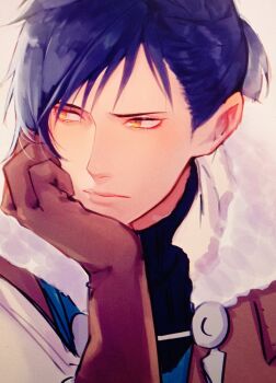 1boy armor black_shirt blue_hair brown_gloves closed_mouth felix_hugo_fraldarius felix_hugo_fraldarius_(timeskip) fire_emblem fire_emblem:_three_houses fur_trim gloves hand_on_own_face head_rest leather_armor light_frown looking_to_the_side male_focus nintendo orange_eyes ponytail s3junk shirt short_ponytail short_sideburns sideways_glance solo turtleneck upper_body white_background white_fur