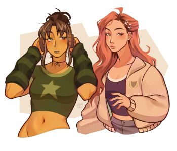 2girls armband borrowed_character breasts brown_hair brown_jacket cleavage commentary crop_top cropped_shirt english_commentary frown gluca green_armband hair_bun hair_ornament hairclip headphones highres hip_bones jacket long_hair midriff multicolored_hair multiple_girls navel original parted_lips red_hair roots_(hair) shirt sidelocks signature single_hair_bun small_breasts striped_arm_warmers t-shirt two-tone_hair wavy_hair