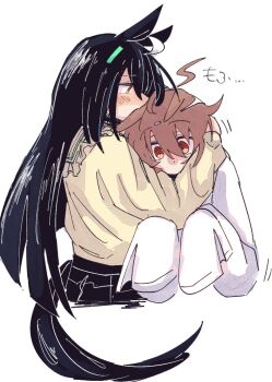 2girls agnes_tachyon_(umamusume) ahoge animal_ears black_skirt blush coat colorized commentary ear_ornament ear_tag earrings gachitamago hair_between_eyes hands_up highres horse_ears horse_girl horse_tail hug jewelry lab_coat long_hair manhattan_cafe_(umamusume) motion_lines multiple_girls red_eyes shirt_tucked_in simple_background single_earring skirt sleeves_past_fingers sleeves_past_wrists tail translation_request umamusume very_long_hair white_background white_coat yellow_eyes yellow_skirt yuri