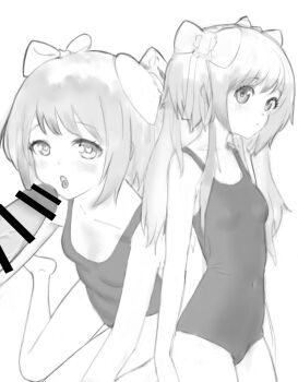 1girl breasts censored chaos_marie_(grimms_notes) collarbone cowboy_shot grimms_notes highres long_hair monochrome old_school_swimsuit oral penis phylloyama school_swimsuit sitting small_breasts solo_focus swimsuit tongue tongue_out