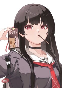 Rule 34 | 1girl, artist logo, ayj (ayoungart), black choker, black hair, black jacket, black shirt, breasts, chisa (wuthering waves), choker, collarbone, commentary, english commentary, food, food in mouth, hair ribbon, highres, jacket, logo, long hair, looking at viewer, medium breasts, mole, mole under eye, neckerchief, pocky, pocky in mouth, red eyes, red neckerchief, red ribbon, ribbon, sailor collar, shirt, simple background, solo, upper body, white background, white sailor collar, wuthering waves