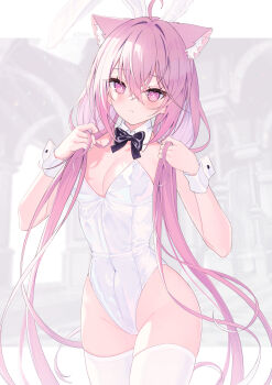 Rule 34 | 1girl, absurdres, ahoge, animal ears, bare shoulders, black bow, black bowtie, blush, bow, bowtie, breasts, choker, cleavage, closed mouth, highres, long hair, looking at viewer, lows., medium breasts, navel, original, pink eyes, pink hair, playboy bunny, rabbit ears, solo, thighhighs, thighs, white thighhighs