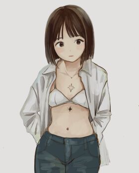 Rule 34 | 1girl, black eyes, bob cut, bra, brown hair, chest tattoo, choppy bangs, closed mouth, cowboy shot, denim, dot nose, expressionless, highres, jeans, long sleeves, navel, nena labo, open clothes, open shirt, original, pants, shirt, short hair, simple background, solo, standing, stomach, tattoo, underwear, white background, white bra, white shirt