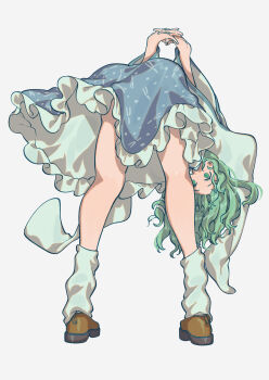 1girl absurdres arms_behind_back blue_skirt brown_shoes commentary frills from_behind green_eyes green_hair hair_ornament highres interlocked_fingers kochiya_sanae leaning_forward legs looking_at_viewer loose_socks shoes skirt snake_hair_ornament socks solo thighs touhou wavy_hair white_socks yamazaki_tsukune