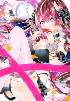 1girl absurdres black_bow black_bra black_collar black_panties bow bra breasts cleavage collar commentary commentary_request demon_girl demon_tail donut double-parted_bangs english_commentary feet_out_of_frame fingernails food frilled_wristband ghost grey_eyes hair_between_eyes hair_bow hands_up hat highres holding holding_donut holding_food horns large_breasts long_hair marker_(medium) mixed-language_commentary nail_polish original panties pink_nails pink_ribbon purple_hair ribbon solo tail tentekomai_(tenteko0214) thighhighs traditional_media underwear underwear_only white_horns white_thighhighs witch_hat