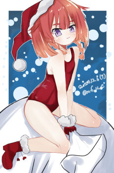 1girl boots braid dated etorofu_(kancolle) flat_chest fur-trimmed_boots fur-trimmed_gloves fur-trimmed_headwear fur_trim gloves gradient_hair hat highres kantai_collection mf_u_c multicolored_hair one-hour_drawing_challenge one-piece_swimsuit orange_eyes purple_eyes red_boots red_gloves red_hair red_hat red_one-piece_swimsuit santa_hat scan school_swimsuit single_braid solo swimsuit thick_eyebrows