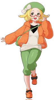 1girl :d bag bianca_(pokemon) black_bow blonde_hair bow commentary_request corrupted_twitter_file deuleo379341 footwear_bow glasses green_bag green_eyes green_hat green_pants hat hat_bow highres jacket korean_commentary long_sleeves looking_at_viewer nintendo open_clothes open_jacket open_mouth orange_jacket orange_shoes pants pokemon pokemon_black_2_and_white_2 red-framed_eyewear shirt shoes short_hair shoulder_bag smile solo standing standing_on_one_leg teeth upper_teeth_only white_background white_bow white_shirt
