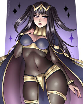 1girl absurdres artist_name black_bridal_gauntlets black_hair blunt_bangs bodystocking bracelet breasts bridal_gauntlets cape cleavage commentary contrapposto covered_navel dangerousbride fire_emblem fire_emblem_awakening highres jewelry medium_breasts nail_polish nintendo pelvic_curtain purple_background purple_eyes purple_nails see-through_bridal_gauntlets solo sparkle tharja_(fire_emblem) tiara two-sided_cape two-sided_fabric two_side_up
