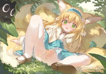 1girl animal_ears arknights artist_name blonde_hair blue_hairband blue_skirt bow bowtie brown_shoes cardigan cloneko_(zelmeledf2) collared_shirt commentary_request commission crying crying_with_eyes_open dress_shirt fox_ears fox_girl fox_tail frilled_hairband frills full_body green_eyes hair_ornament hair_scrunchie hairband highres kitsune kyuubi loafers loli long_hair long_sleeves luo_xiaohei luo_xiaohei_(cat) luo_xiaohei_zhanji multicolored_hair multiple_tails open_cardigan open_clothes open_mouth pee peeing peeing_self red_bow red_bowtie scrunchie shirt shoes sitting skeb_commission skirt solo suzuran_(arknights) suzuran_(spring_praise)_(arknights) tail tears two-tone_hair upskirt variant_set very_long_hair white_cardigan white_hair white_scrunchie white_shirt