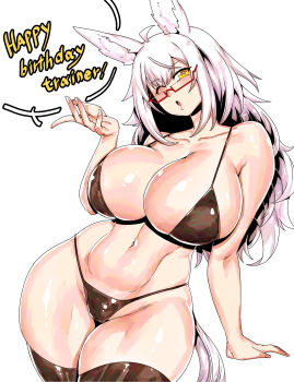 1girl absurdres ahoge animal_ears bare_shoulders bikini biwa_hayahide_(umamusume) black_bikini black_thighhighs breasts cleavage commentary english_commentary english_text glasses highres horse_ears horse_girl horse_tail large_breasts long_hair looking_at_viewer minew navel one_eye_closed open_mouth sidelocks solo speech_bubble swimsuit tail thighhighs umamusume white_hair yellow_eyes