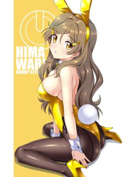 1girl absurdres animal_ears ass back-seamed_legwear black_pantyhose blush bow bowtie breasts brown_eyes brown_hair character_name commentary_request copyright_name detached_collar hair_ornament hairclip highleg highleg_leotard highres leotard looking_at_viewer medium_breasts nonbe pantyhose parted_lips playboy_bunny power_symbol rabbit_ears rabbit_tail seamed_legwear shinomiya_himawari simple_background sitting smile solo strapless strapless_leotard tail vividred_operation wariza wavy_hair wrist_cuffs yellow_background yellow_bow yellow_bowtie yellow_leotard