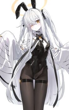 Rule 34 | 1girl, absurdres, animal ears, black bow, black bowtie, black leotard, black pantyhose, black ribbon, blue archive, bow, bowtie, breasts, detached collar, fake animal ears, hair over shoulder, hair rings, halo, highres, jacket, kokukyukeo, leotard, light bulb, long hair, malkuth (blue archive), open clothes, open jacket, pantyhose, playboy bunny, rabbit ears, ribbon, simple background, small breasts, solo, symbol-shaped pupils, two side up, very long hair, white background, white hair, white jacket, x-shaped pupils, yellow eyes, yellow halo