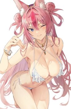 1girl animal_ear_fluff animal_ears bare_shoulders bikini blue_eyes blush bracelet breasts cleavage closed_mouth collarbone double_bun hair_bun hanayono_menora hand_up hiiragi_yuuichi indie_virtual_youtuber jewelry large_breasts leaning_forward long_hair looking_at_viewer one_eye_closed pink_hair side-tie_bikini_bottom simple_background smile solo swimsuit thighs virtual_youtuber white_background white_bikini