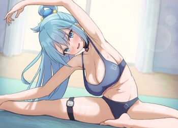 1girl absurdres aqua_(konosuba) armpits bare_arms bare_shoulders barefoot blue_eyes blue_hair blush breasts choker exercising feet foot_out_of_frame hair_ornament hair_rings highres icetea_art kono_subarashii_sekai_ni_shukufuku_wo! legs looking_at_viewer medium_breasts navel open_mouth single_hair_ring smile solo sports_bra stretching sweat thigh_strap toes