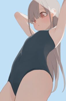 1girl armpit_focus armpits arms_behind_head blue_background blue_one-piece_swimsuit blush commentary covered_navel flat_chest grey_hair highres hiroki_(yyqw7151) long_hair one-piece_swimsuit orange_eyes original presenting_own_armpit simple_background solo swimsuit thighs