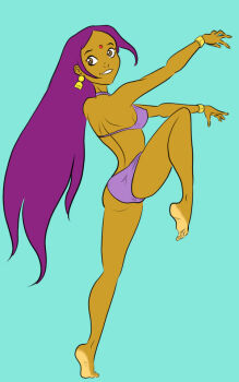 1girl ass barefoot bikini bindi blue_background bracelet breasts brown_eyes covered_erect_nipples dancing dark_skin earrings facial_mark forehead_mark grin jewelry long_hair looking_at_viewer looking_back medium_breasts pookieart purple_bikini purple_hair sally_bollywood sally_bollywood:_super_detective smile standing standing_on_one_leg swimsuit teeth