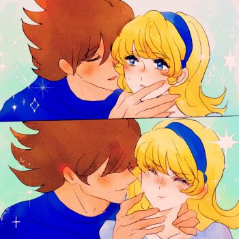 Rule 34 | 1boy, 1girl, blonde hair, blue eyes, blue hairband, blush, brown hair, closed eyes, couple, cyborg, cyborg 009, francoise arnoul, hair over face, hair over one eye, hairband, hand on another's face, highres, long hair, looking at another, nervous sweating, sariokisu, shimamura joe, sweat