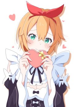 Rule 34 | 1girl, blush, bow hairband, box, cleavage cutout, clothing cutout, commentary request, green eyes, hair between eyes, hairband, heart, heart-shaped box, highres, holding, holding heart, kaedemarine, looking at viewer, maid, orange hair, petra leyte, re:zero kara hajimeru isekai seikatsu, red hairband, roswaal mansion maid uniform, short hair, simple background, solo, upper body, valentine, white background