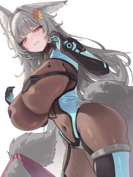 1girl absurdres animal_ears bodysuit breasts brown_bodysuit commentary commission covered_navel english_commentary flower hair_flower hair_ornament hairclip highres huge_breasts long_hair looking_at_viewer orange_eyes orange_flower original pixiv_commission rima_(0136) simple_background tail white_background