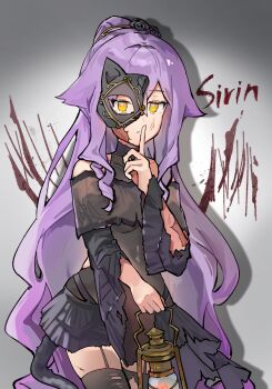 1girl absurdres bare_shoulders black_flower black_leotard black_rose black_skirt black_thighhighs breasts character_name commentary_request covered_navel eye_mask finger_to_mouth flower garter_straps grey_background hair_flower hair_ornament half_mask hanaguruma_(hana96ma) hand_up highres holding holding_lantern honkai_(series) honkai_impact_3rd lantern leotard leotard_under_clothes long_hair long_sleeves mask orange_eyes ponytail purple_hair rose shushing sirin skirt small_breasts solo tail thighhighs torn_clothes torn_thighhighs very_long_hair wide_sleeves