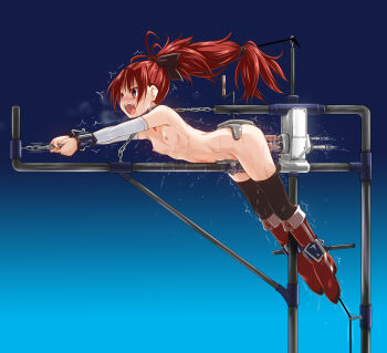 1girl anal anal_object_insertion ankle_cuffs bdsm black_thighhighs blue_background blush bondage boots bound bow breasts brooch chain collar cuffs detached_sleeves double_penetration drooling female_focus from_side full_body fumihiro gradient_background hair_ribbon highres holding holding_own_hair jewelry knee_boots loli long_hair mahou_shoujo_madoka_magica mahou_shoujo_madoka_magica_(anime) motion_blur multiple_penetration navel nipples nude object_insertion open_mouth ponytail predicament_bondage red_boots red_eyes red_hair restrained ribbon sakura_kyoko sakura_kyoko_(magical_girl) saliva sex_machine shackles simple_background skindentation slave small_breasts solo soul_gem stationary_restraints teeth textless_version thighhighs thighhighs_under_boots tongue trembling vaginal vaginal_object_insertion very_long_hair