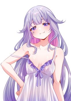 1girl :3 absurdres alternate_costume bare_arms breasts cleavage closed_mouth colored_inner_hair commentary_request cowboy_shot cyanzan double-parted_bangs frilled_nightgown gradient_hair hair_flaps hand_on_own_hip highres hololive hololive_english jewel_under_eye koseki_bijou long_hair looking_at_viewer multicolored_hair nightgown pink_hair purple_eyes purple_hair sidelocks simple_background small_breasts smile solo strap_slip very_long_hair virtual_youtuber white_background white_nightgown