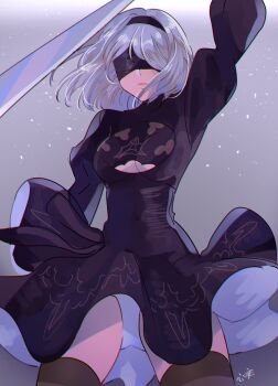 1girl 2b_(nier:automata) absurdres arm_at_side arm_up black_dress black_hairband black_thighhighs blindfold breasts chromatic_aberration cleavage cleavage_cutout clenched_teeth clothing_cutout commentary covered_eyes cowboy_shot dress english_commentary facing_viewer frown grey_background grey_hair hairband highres holding holding_sword holding_weapon juliet_sleeves kokomi_(aniesuakkaman) light_particles lips long_sleeves medium_breasts mole mole_under_mouth nier:automata nier_(series) panties pantyshot puffy_sleeves short_hair simple_background solo standing sword teeth thighhighs turtleneck turtleneck_dress two-sided_dress two-sided_fabric underwear weapon white_panties wind