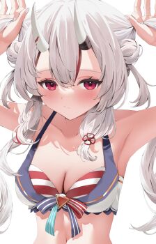 1girl absurdres armpits arms_up bikini blush breasts cleavage closed_mouth commentary_request highres hololive hololive_summer_2023_swimsuit horns long_hair looking_at_viewer low_twintails medium_breasts nakiri_ayame nekoshima_kaede official_alternate_costume oni red_bikini red_eyes skin-covered_horns solo striped_bikini striped_clothes swimsuit twintails very_long_hair virtual_youtuber white_hair