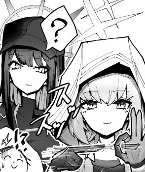 !? 1boy 2girls ? atsuko_(blue_archive) baseball_cap blue_archive blush bonjiri_uma_tarou chest_rig commentary_request doodle_sensei_(blue_archive) gloves greyscale halo hat hood hood_up long_hair looking_at_another looking_at_viewer medium_hair monochrome multiple_girls penetration_gesture saori_(blue_archive) sensei_(blue_archive) shirt sleeveless sleeveless_shirt smear_frame smile spoken_character spoken_question_mark white_background