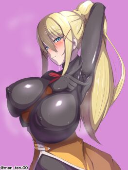 1girl arm_between_breasts arm_up armpits between_breasts black_bodysuit blonde_hair blue_eyes blush bodysuit braid breasts commentary covered_armpit covered_erect_nipples crown_braid darkness_(konosuba) hair_ornament highres huge_breasts impossible_bodysuit impossible_clothes kono_subarashii_sekai_ni_shukufuku_wo! long_hair looking_at_viewer men_teru pink_background ponytail puffy_nipples red_ribbon ribbon shiny_clothes skin_tight smile spread_armpit steaming_body strap_between_breasts sweat twitter_username v very_long_hair x_hair_ornament