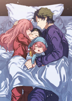 2boys 2girls ^_^ absurdres aged_up anya_(spy_x_family) arm_pillow baby bed_sheet black_hair blanket blue_headwear blue_pajamas blush brother_and_sister brown_hair closed_eyes closed_mouth damian_desmond drooling eno_yukimi facing_viewer family feet_out_of_frame furrowed_brow hand_on_another&#039;s_head highres holding_another&#039;s_arm hug husband_and_wife if_they_mated light_particles light_smile long_sleeves lying multiple_boys multiple_girls on_side open_mouth pajamas pants pillow pink_hair profile purple_pajamas purple_pants red_pants shared_blanket short_hair siblings sleeping sleeping_on_person sleepwear spy_x_family sweat under_covers