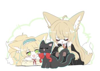 Rule 34 | 2girls, animal ears, arknights, black cat, blonde hair, blue hairband, cat, commentary, fox ears, fox girl, fox tail, green eyes, hairband, kitsune, miss christine (arknights), mother and daughter, multiple girls, multiple tails, neck ribbon, nekomata, ribbon, suzuran (arknights), symbol-only commentary, tail, vulpisfoglia (arknights), wang 0w0