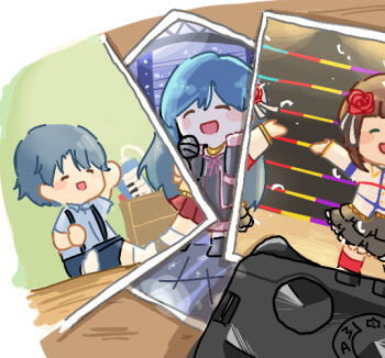 age_progression amami_haruka archive_(user_ufsk2755) arm_up black_dress blue_hair brother_and_sister camera chibi child closed_eyes cute_&amp;_girly_(idolmaster) dress gothic_princess_(idolmaster) holding holding_microphone idolmaster idolmaster_(classic) idolmaster_1 idolmaster_movie kisaragi_chihaya kisaragi_yuu_(idolmaster) long_hair microphone music official_alternate_costume photo_(object) polaroid_photo siblings singing starpiece_memories_(idolmaster)