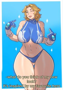 1girl alternate_costume blonde_hair blue_background blue_eyes blue_panties blue_shirt boku_no_hero_academia breasts cosplay english_text hagakure_toru hagakure_toru_(cosplay) highres jtt_artz large_breasts looking_at_viewer marvel marvel_rivals navel one_eye_closed outside_border panties shirt short_hair sleeveless sleeveless_shirt solo sue_storm underwear