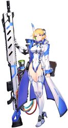 Rule 34 | 1girl, aqua wrist cuffs, armored legwear, artist request, blonde hair, bodysuit, breasts, cable, character request, clipboard, coat, covered navel, final gear, gun, headset, highres, hip bones, holding, holding clipboard, knees, large breasts, legs together, mandarin collar, mechanical arms, mechanical legs, multicolored coat, official art, parted lips, purple eyes, rifle, scope, scouter, short hair, single mechanical arm, single sleeve, smile, sniper rifle, standing, tachi-e, third-party source, transparent background, two-tone bodysuit, two-tone coat, two-tone collar, two-tone sleeves, very short hair, weapon, white bodysuit, white coat, white sleeves