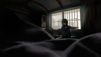 1girl absurdres aqua_shirt arm_out_of_sleeve backlighting bed black_hair black_jacket blurry bob_cut ceiling chair computer curtains dark depth_of_field desk dressing highres indoors jacket laptop mimizu_ningen original shirt solo standing wide_shot window