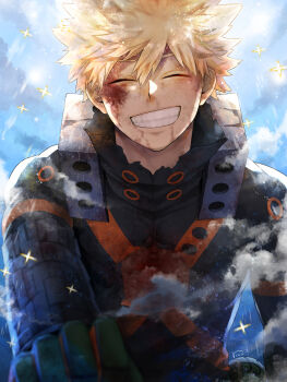1boy bakugou_katsuki blonde_hair blood blood_on_face boku_no_hero_academia commentary_request from_below grin highres looking_at_viewer male_focus rimu_rom short_hair smile solo superhero_costume teeth torn_clothes upper_body