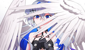 09_(ikmkmki) 1girl amane_kanata amane_kanata_(another_world) angel angel_wings asymmetrical_bangs black_gloves blue_hair chest_harness collar colored_inner_hair feathered_wings gloves gradient_wings grey_hair hair_between_eyes hair_bun hair_ornament halo harness highres hololive long_hair looking_at_viewer multicolored_hair multicolored_wings o-ring official_alternate_costume official_alternate_hair_length official_alternate_hairstyle purple_eyes single_hair_intake solo star_halo streaked_hair virtual_youtuber white_background white_wings wings