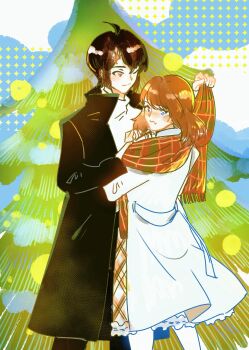 1boy 1girl abstract_background affectionate black_coat black_hair black_suit blue_eyes blush brendan_(pokemon) brown_hair coat commentary dots dress formal_clothes foxchillia gradient_background highres may_(pokemon) medium_hair nintendo one_eye_closed patterned_background pokemon pokemon_adventures red_eyes scarf shirt smile standing suit tree white_coat white_dress white_shirt winter_clothes