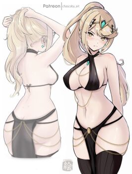 Rule 34 | 1girl, absurdres, alternate costume, artist name, back, black thighhighs, blonde hair, blush, breasts, chascoby, chest jewel, closed mouth, commentary, core crystal (xenoblade), cowboy shot, cropped legs, earrings, highres, jewelry, large breasts, long hair, looking at viewer, multiple views, mythra (xenoblade), navel, patreon username, pelvic curtain, ponytail, sideboob, sidelocks, simple background, thighhighs, tiara, tying hair, white background, xenoblade chronicles (series), xenoblade chronicles 2